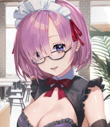 Rule 34 | 1girl, absurdres, alternate costume, black-framed eyewear, black gloves, blush, bow, breasts, cleavage, elbow gloves, fate/grand order, fate (series), glasses, gloves, hair over one eye, hair ribbon, highres, large breasts, looking at viewer, lucidsky, maid, maid headdress, mash kyrielight, parted lips, purple eyes, purple hair, red bow, red ribbon, ribbon, round eyewear, short hair, sleeveless, smile, solo, teeth, upper body, upper teeth only