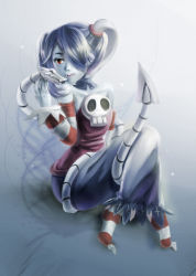 Rule 34 | 1girl, bare shoulders, blue skin, colored skin, detached collar, detached sleeves, gradient background, hair over one eye, leviathan (skullgirls), red eyes, side ponytail, skullgirls, squigly (skullgirls), stitched mouth, stitches, striped legwear, striped sleeves, zombie