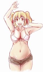 Rule 34 | 1girl, arm up, armpits, bad id, bad pixiv id, bikini, bikini top only, blonde hair, blush, breasts, cleavage, cutoffs, front-tie top, headphones, huge breasts, looking at viewer, navel, nitroplus, open mouth, orange eyes, plump, shigekikkusu, short hair, short shorts, shorts, smile, solo, super pochaco, swimsuit, twintails, undersized clothes, white bikini