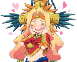 Rule 34 | 1girl, :d, ^ ^, aztec, bead necklace, beads, blonde hair, blush, bracer, chin piercing, closed eyes, colored eyelashes, eyebrows, closed eyes, fate/grand order, fate (series), feathers, fingernails, green nails, groin, hair beads, hair intakes, hair ornament, hands on own cheeks, hands on own face, headband, headdress, heart, jewelry, long hair, low-tied long hair, nail polish, navel, neck ring, necklace, open mouth, piercing, poncho, quetzalcoatl (fate), simple background, smile, solo, stomach, tsukko (3ki2ne10), twitter username, very long hair, wavy mouth, white background