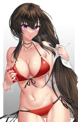 Rule 34 | 1girl, absurdres, bare shoulders, bikini, black choker, black hair, breasts, choker, cleavage, coca-cola, counter:side, cowboy shot, elze (s01047480836), front-tie bikini top, front-tie top, gluteal fold, groin, halterneck, highres, holding, holding hair, large breasts, long hair, looking at viewer, navel, open mouth, ponytail, product placement, purple eyes, red bikini, side-tie bikini bottom, solo, steam, stomach, string bikini, swimsuit, thigh gap, thighs, very long hair, wet, wristband, yoo mina