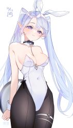Rule 34 | 1girl, animal ears, arms behind back, bad id, bad twitter id, bare shoulders, between breasts, blue hair, bow, bowtie, breasts, bunny day, chain, cleavage, collarbone, covered navel, cowboy shot, detached collar, fake animal ears, highres, leotard, looking at viewer, medium breasts, original, pantyhose, playboy bunny, pointy ears, purple eyes, rabbit ears, simple background, smile, traditional bowtie, tray, twintails, white background, wrist cuffs, yukimiya yuge