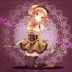 Rule 34 | 10s, 1girl, arms behind back, beret, blonde hair, boots, breasts, corset, drill hair, gun, hair ornament, hat, head tilt, large breasts, magical girl, magical musket, mahou shoujo madoka magica, mahou shoujo madoka magica (anime), pleated skirt, puffy sleeves, rifle, skindentation, skirt, smile, solo, thighhighs, tomoe mami, weapon, yellow eyes, yu (y-z), zettai ryouiki