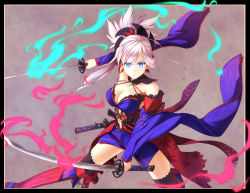 Rule 34 | 1girl, absurdres, bad id, bad pixiv id, blue eyes, breasts, cleavage, dual wielding, fate/grand order, fate (series), highres, holding, japanese clothes, katana, linon, looking at viewer, medium breasts, miyamoto musashi (fate), miyamoto musashi (third ascension) (fate), no bra, serious, solo, sword, thighhighs, weapon, wide sleeves