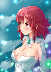Rule 34 | 10s, 1girl, absurdres, ahoge, breasts, cleavage, dress, from side, hair ribbon, highres, izetta, large breasts, light particles, miokikoeru, parted lips, pink eyes, pink hair, ribbon, short hair, shuumatsu no izetta, solo, upper body, white dress