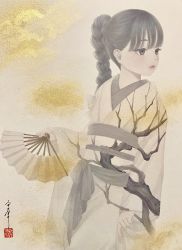 Rule 34 | 1girl, black eyes, black hair, braid, branch, commentary request, cowboy shot, folding fan, gold, hand fan, highres, holding, holding fan, japanese clothes, kimono, long hair, long sleeves, looking away, looking to the side, mixed media, obi, obiage, obijime, original, parted lips, photo (medium), print kimono, sash, seal impression, signature, solo, standing, tree print, ushiyama ame, white background, white kimono, white sash, wide sleeves