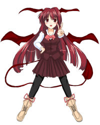 Rule 34 | 1girl, bat wings, blush, boots, brown eyes, demon girl, embodiment of scarlet devil, female focus, full body, head wings, koakuma, long hair, pantyhose, red eyes, red hair, simple background, solo, spread legs, standing, tail, touhou, v, white background, wings