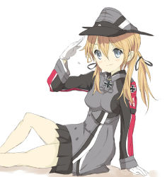 Rule 34 | 10s, 1girl, arm support, arms behind back, black ribbon, black skirt, blonde hair, blue eyes, blush, core (mayomayo), cross, gloves, hair ribbon, hat, iron cross, kantai collection, long hair, long sleeves, looking at viewer, military, military uniform, miniskirt, peaked cap, pleated skirt, prinz eugen (kancolle), ribbon, salute, simple background, sitting, skirt, solo, twintails, uniform, white background, white gloves