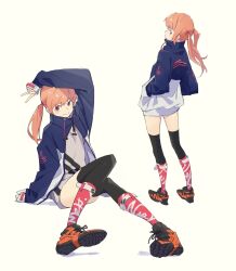 Rule 34 | 1girl, arm on own head, black socks, commentary request, drawstring, from behind, hands in pockets, highres, jacket, kneehighs, layered legwear, long hair, long sleeves, looking at viewer, multiple views, nike (company), orange hair, original, popman3580, red eyes, shoes, simple background, sitting, smile, sneakers, socks, standing, thighhighs, twintails, v, white background