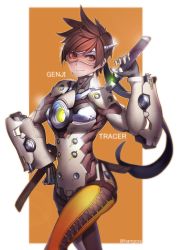 Rule 34 | 1girl, armor, bangosu, bodysuit, breasts, brown eyes, brown hair, character name, chest harness, closed mouth, cowboy shot, cross-laced clothes, cross-laced legwear, fusion, genji (overwatch), goggles, hand up, harness, headband, holding, holding sword, holding weapon, katana, matching hair/eyes, overwatch, overwatch 1, pants, power armor, scabbard, sheath, sheathed, short hair, smile, solo, spiked hair, strap, swept bangs, sword, thigh strap, tight clothes, tight pants, tracer (overwatch), twitter username, vambraces, weapon