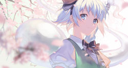 Rule 34 | 1girl, black bow, black bowtie, black hairband, blue eyes, bow, bowtie, branch, cherry blossoms, closed mouth, collared shirt, day, flat chest, from below, from side, frown, green vest, hair ribbon, hairband, highres, hiiragi (karashriker), hitodama, konpaku youmu, konpaku youmu (ghost), looking at viewer, petals, puffy short sleeves, puffy sleeves, ribbon, shirt, short hair, short sleeves, solo, touhou, upper body, vest, weapon, white hair, white shirt