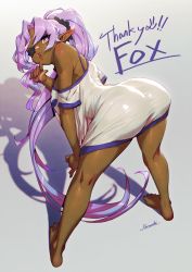 Rule 34 | + +, 1girl, absurdres, ass, bad id, bare legs, barefoot, bent over, black nails, commission, dark-skinned female, dark skin, eyepatch, fangs, fox (shunao), from behind, full body, grey background, highres, kionaoki, light purple hair, long hair, looking back, making-of available, nail polish, naked shirt, off shoulder, original, ponytail, second-party source, shadow, shirt, shirt tug, signature, simple background, skeb commission, solo, standing, very long hair