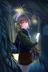 Rule 34 | 1girl, bag, blazer, blue jacket, blurry, blurry background, blush, brown eyes, brown hair, closed mouth, expressionless, holding, holding phone, holding umbrella, jacket, long sleeves, looking at viewer, looking back, medium hair, miwano rag, night, original, outdoors, phone, plaid, plaid skirt, pleated skirt, red skirt, school bag, school uniform, skirt, solo, standing, umbrella