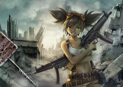 Rule 34 | 10s, 1girl, 2015, borrowed character, breasts, brown hair, city, cleavage, cloud, cloudy sky, cowboy shot, crossed arms, dual wielding, goggles, goggles on head, green eyes, grin, gun, h&amp;k mp5, heckler &amp; koch, holding, maxa&#039;, midriff, navel, original, outdoors, ruins, signature, sky, smile, solo, submachine gun, suspenders, twintails, weapon