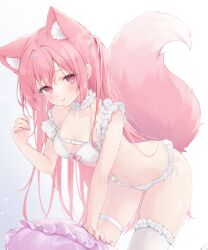 Rule 34 | 1girl, animal ear fluff, animal ears, bent over, bow, bow bra, bra, breasts, choker, cleavage, closed mouth, commission, frilled choker, frilled panties, frills, hair ribbon, highres, indie virtual youtuber, lingerie, long hair, looking at viewer, navel, panties, pillow, pink eyes, pink hair, ribbon, sakura nagomi, shano hiyori, single thighhigh, skeb commission, small breasts, smile, solo, stomach, string bra, tail, thigh strap, thighhighs, thighs, underwear, very long hair, virtual youtuber, white bra, white panties, white ribbon, white thighhighs