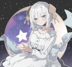 Rule 34 | 1girl, absurdres, ars almal, back bow, blue eyes, blush, bow, choker, collarbone, crescent moon, dress, hair ornament, highres, long sleeves, looking at viewer, moon, nijisanji, omochi chowder, sitting, sky, smile, solo, star (sky), star (symbol), star choker, starry sky, symbol-only commentary, virtual youtuber, white dress, white hair