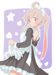 Rule 34 | 1girl, ahoge, alternate costume, apron, apron hold, brown eyes, commentary, enmaided, frilled apron, frills, genderswap, genderswap (mtf), grey hair, heart, highres, juliet sleeves, long hair, long sleeves, looking at viewer, maid, maid headdress, onii-chan wa oshimai!, outline, oyama mahiro, pink hair, ponytail, puffy sleeves, purple background, sidelocks, simple background, smile, solo, star (symbol), unkimo, white apron, white outline