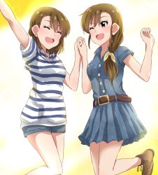 Rule 34 | 2girls, ;d, ^ ^, arm up, belt, blue dress, blue shorts, boots, braid, brown eyes, brown footwear, brown hair, closed eyes, dars (recolors), dress, futami ami, futami mami, holding hands, idolmaster, idolmaster (classic), interlocked fingers, long hair, multiple girls, one eye closed, open mouth, pleated dress, short dress, short hair, short shorts, shorts, siblings, single braid, sisters, smile, standing, standing on one leg, striped clothes, striped sweater, sweater, white sweater