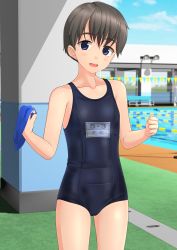 Rule 34 | 1girl, absurdres, black hair, blue eyes, blue headwear, blue one-piece swimsuit, blue sky, blurry, character name, cloud, commentary request, day, depth of field, flat chest, hair between eyes, head tilt, highres, looking at viewer, name tag, new school swimsuit, one-piece swimsuit, open mouth, original, outdoors, parted bangs, pool, round teeth, school swimsuit, short hair, sky, smile, solo, standing, string of flags, unworn swim cap, swimsuit, takafumi, teeth, upper teeth only
