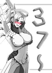 Rule 34 | 1girl, absurdres, age conscious, armor, bad id, bad pixiv id, blush, breast hold, breast lift, breasts, dot triangle, elbow rest, greyscale, halo, hand on own cheek, hand on own face, high ponytail, highres, large breasts, mechanical halo, mechanical wings, mercy (overwatch), monochrome, oldlim, open mouth, overwatch, overwatch 1, pantyhose, ponytail, simple background, skirt, solo, spot color, standing, white background, wings