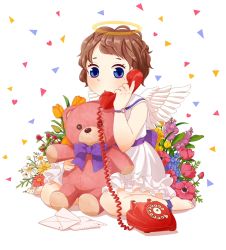 Rule 34 | 1girl, angel, angel wings, antique phone, bad id, bad pixiv id, barefoot, blue eyes, brown hair, child, dress, envelope, flower, halo, highres, letter, mole, original, phone, rotary phone, shadow, short hair, sitting, solo, stuffed animal, stuffed toy, teddy bear, wariza, watch, wavy hair, white background, wings, wristwatch