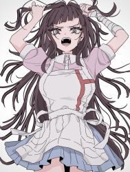 1girl apron bandaged_arm bandages breasts collared_shirt cowboy_shot danganronpa_(series) danganronpa_2:_goodbye_despair highres large_breasts long_hair miniskirt mole mole_under_eye pink_shirt pleated_skirt puffy_short_sleeves puffy_sleeves raamensusure shirt short_sleeves simple_background skirt teeth tongue tsumiki_mikan two-tone_shirt white_apron white_background