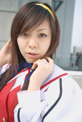 Rule 34 | 1girl, asian, blurry, brown hair, cosplay, depth of field, dyed hair, hairband, highres, himemiya chikane, himemiya chikane (cosplay), japanese (nationality), jewelry, kannazuki no miko, looking at viewer, outdoors, parted lips, photo (medium), ring, school uniform, solo, souhi makoto