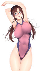 Rule 34 | 1girl, absurdres, armpits, arms up, bare shoulders, blue eyes, breasts, brown hair, collarbone, commentary request, competition swimsuit, covered erect nipples, fingernails, glasses, gluteal fold, hair ornament, hairband, highleg, highleg swimsuit, highres, large breasts, lips, long hair, looking at viewer, makinami mari illustrious, neon genesis evangelion, one-piece swimsuit, open mouth, rebuild of evangelion, red-framed eyewear, simple background, smile, solo, swimsuit, teeth, thighs, two-tone swimsuit, white background, zucchini