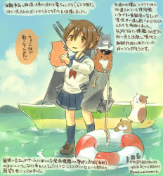Rule 34 | 10s, 1girl, admiral (kancolle), artist self-insert, boat, brown eyes, brown hair, cloud, colored pencil (medium), dated, day, folded ponytail, inazuma (kancolle), innertube, kantai collection, kirisawa juuzou, long sleeves, neckerchief, non-human admiral (kancolle), numbered, personification, pleated skirt, school uniform, serafuku, skirt, sky, swim ring, traditional media, translation request, twitter username, watercraft