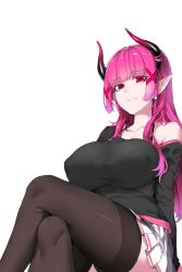 Rule 34 | 1girl, blunt bangs, breasts, commentary request, crossed legs, highres, horns, large breasts, long hair, long sleeves, looking at viewer, mole, mole under mouth, original, parted lips, pink eyes, pink hair, pointy ears, simple background, skirt, solo, teeth, thighhighs, white background, xiangzi box