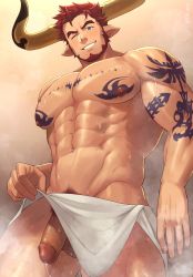 Rule 34 | 1boy, abs, agielba, animal ears, arm tattoo, bara, bare pectorals, beard, blush, chest tattoo, cow boy, cow ears, cow horns, draph, facial hair, flaccid, from below, granblue fantasy, groin, highres, horns, large pectorals, looking at viewer, male focus, male pubic hair, mature male, muscular, muscular male, naked towel, navel, nipples, one eye closed, pectorals, penis, precum, pubic hair, red hair, short hair, smile, solo, steam, stomach, tattoo, thick eyebrows, thick thighs, thighs, towel, towel around waist, uncensored, wet, zink (zink mchn)