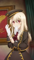 Rule 34 | 1girl, absurdres, adjusting clothes, adjusting gloves, black hat, black jacket, black skirt, blonde hair, blouse, collared shirt, curtains, fate/stay night, fate (series), game cg, gloves, hair between eyes, hat, highres, illyasviel von einzbern, indoors, jacket, long hair, long sleeves, mouth hold, open clothes, open jacket, peaked cap, red eyes, red neckwear, shirt, skirt, smile, solo, standing, white gloves, white shirt, wing collar