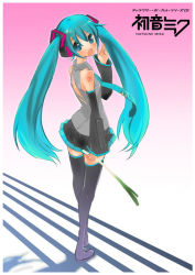 Rule 34 | black thighhighs, blouse, collared shirt, gradient background, grey shirt, hand to own mouth, hatsune miku, head tilt, long hair, nagy, pink background, shirt, shoulder tattoo, sleeveless, sleeveless shirt, solo, spring onion, tattoo, thighhighs, twintails, very long hair, vocaloid, zettai ryouiki