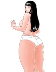 Rule 34 | 1girl, ass, black hair, breasts, large breasts, long hair, looking at viewer, looking back, matoyama, grey eyes, solo, standing, thick thighs, topless, white background