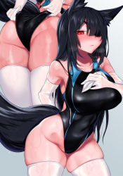 Rule 34 | 1girl, adjusting clothes, adjusting swimsuit, animal ears, arm behind back, ass, black one-piece swimsuit, blush, breasts, breath, competition swimsuit, contrapposto, cowboy shot, elbow gloves, eyepatch, fang, gloves, gradient background, hair over one eye, hand on own chest, hand up, highleg, highleg swimsuit, highres, large breasts, light frown, long hair, looking at viewer, multiple views, one-piece swimsuit, original, red eyes, rinka (ruuku), ruuku (azukieru), swimsuit, tail, thick thighs, thighhighs, thighs, tsurime, very long hair, wet, wet clothes, wet swimsuit, white gloves, white thighhighs, wide hips, wolf ears