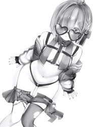 Rule 34 | 1girl, absurdres, ahoge, braid, breasts, character print, chest harness, clothes lift, crown hair ornament, fingerless gloves, fingernails, food, gloves, greyscale, hair over one eye, hair ribbon, harness, heart, heart-shaped eyewear, highres, himemori luna, himemori luna (streetwear), hololive, jacket, lips, long sleeves, looking at viewer, luknight (himemori luna), macaron, medium hair, miniskirt, monochrome, nanashi (nlo), navel, necktie, open fly, panties, ribbon, simple background, single thighhigh, sitting, skirt, skirt lift, sleeves past wrists, solo, stomach, sunglasses, thighhighs, thighs, torn clothes, torn thighhighs, underwear, virtual youtuber