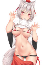 Rule 34 | 1girl, animal ear fluff, animal ears, black panties, blush, bra, breasts, claw pose, clothes in mouth, clothes lift, clothes pull, commentary request, cowboy shot, gluteal fold, groin, hands up, hat, head tilt, highres, inubashiri momiji, large breasts, lifted by self, long sleeves, looking at viewer, mouth hold, navel, o-ring, panties, red bra, red eyes, red skirt, shirt, shirt in mouth, shirt lift, short hair, silver hair, simple background, skirt, skirt pull, solo, standing, stomach, tail, tatsumiya kagari, tokin hat, touhou, underwear, white background, white shirt, wide sleeves, wolf ears, wolf tail