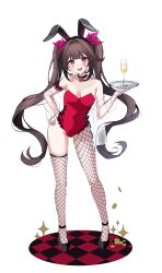 Rule 34 | 1girl, absurdres, alternate costume, animal ears, bare shoulders, black choker, brown hair, champagne flute, chest tattoo, choker, commentary, cup, drinking glass, eyeshadow, facial mark, fake animal ears, fishnet pantyhose, fishnet thighhighs, fishnets, full body, heart, highres, honkai: star rail, honkai (series), leotard, long hair, looking at viewer, makeup, miho (mymiho), pantyhose, pink eyes, rabbit ears, red leotard, single leg pantyhose, single thighhigh, solo, sparkle (honkai: star rail), standing, strapless, strapless leotard, tattoo, thighhighs, twintails, unfinished, very long hair, white background