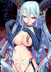 Rule 34 | 1girl, absurdres, bad id, bad pixiv id, blue hair, braid, breasts, butterfly-shaped pupils, fate/grand order, fate (series), gloves, hair censor, highres, horns, long hair, looking at viewer, may (2747513627), medium breasts, navel, open mouth, pointy ears, pubic tattoo, purple eyes, solo, stomach tattoo, symbol-shaped pupils, tattoo, tiamat (fate), very long hair