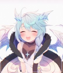 Rule 34 | 1girl, :d, ahoge, aqua hair, blush, closed eyes, coat, commentary request, dragon girl, dragon horns, dragon wings, facing viewer, fur-trimmed coat, fur-trimmed hood, fur trim, hair over shoulder, highres, hood, horns, messy, off-shoulder coat, off shoulder, open mouth, princess connect!, roin, sheffy (princess connect!), smile, solo, teeth, upper body, upper teeth only, white background, white coat, wings