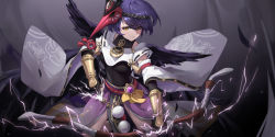 Rule 34 | 1girl, absurdres, beifangji8, black wings, bow (weapon), breasts, chinese clothes, eyebrows hidden by hair, feathered wings, highres, holding, holding bow (weapon), holding weapon, japanese clothes, looking at viewer, mask, mask on head, original, purple hair, short hair, skirt, solo, thunder, weapon, wings, yellow eyes