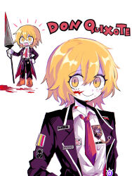Rule 34 | 1girl, badge, black coat, black pants, blonde hair, blood, blood on clothes, blood on face, bloody weapon, blush stickers, brown footwear, button badge, character name, chromatic aberration, closed mouth, coat, collared shirt, colored skin, commentary request, crossed bangs, don quixote (project moon), hair between eyes, hand on own hip, hatosabure, highres, holding, holding polearm, holding weapon, limbus company, multiple views, necktie, open clothes, open coat, open mouth, pants, polearm, project moon, red necktie, sharp teeth, shirt, short hair, smile, teeth, v-shaped eyebrows, weapon, white background, white shirt, white skin, yellow eyes