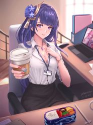 Rule 34 | 2girls, animal ears, artist name, bento, black skirt, bracelet, braid, breasts, cellphone, chair, chopsticks, cleavage, coffee cup, collarbone, collared shirt, commentary, computer, contemporary, cup, dated, day, desk, disposable cup, dress shirt, english commentary, fingernails, flower, folder, fox ears, genshin impact, highres, id card, incoming drink, indoors, japanese clothes, jewelry, lanyard, laptop, light blush, light smile, long hair, looking at viewer, low-braided long hair, low-tied long hair, lunchbox, medium breasts, miko, multiple girls, nail polish, necklace, office, office chair, office lady, pantyhose, paper, pencil skirt, pendant, phone, pink hair, priestess, purple eyes, purple flower, purple hair, raiden shogun, red nails, shirt, shirt tucked in, signature, silberein, sitting, skirt, smartphone, solo focus, styrofoam, swivel chair, very long hair, white shirt, window, yae miko