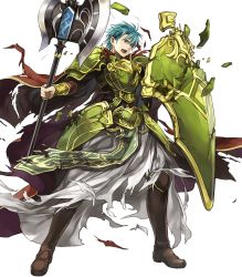 Rule 34 | 1boy, aqua eyes, armor, axe, battle axe, boots, broken armor, broken shield, brown footwear, cape, cosplay, damaged, ephraim (fire emblem), fado (fire emblem), fado (fire emblem) (cosplay), fire emblem, fire emblem: the sacred stones, fire emblem heroes, full armor, full body, green armor, green hair, highres, holding, holding axe, holding shield, loincloth, male focus, nintendo, official art, open mouth, pants, pauldrons, red cape, robe, serious, shield, short hair, shoulder armor, solo, teeth, torn cape, torn clothes, torn loincloth, torn robe, transparent background, undershirt, wada sachiko, weapon, white robe