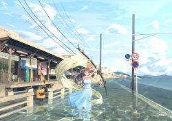 Rule 34 | 1girl, artist name, brown hair, day, dress, flag, highres, holding, holding flag, looking at viewer, original, outdoors, power lines, reflection, road sign, sandals, scenery, sena (illust sena), sign, summer, sundress, train station, wading, white flag