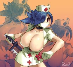 +_+ 1girl blue_hair bonesaw breasts choker cleavage collarbone cowboy_shot drawing_(action) eyepatch facing_viewer gloves hair_over_one_eye hat huge_breasts latex latex_gloves looking_at_viewer mask mouth_mask nurse_cap orange_background ponytail red_eyes ryuji_(red-truth) saw skullgirls solo surgical_mask symbol-shaped_pupils valentine_(skullgirls)