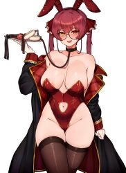 Rule 34 | 1girl, ball gag, bespectacled, black collar, breasts, clothing cutout, collar, fur cuffs, gag, glasses, groin, heterochromia, highleg, highleg leotard, highres, holding, holding tray, hololive, houshou marine, large breasts, leash, leotard, navel, navel cutout, playboy bunny, red eyes, red hair, red leotard, sex toy, simple background, solo, thighhighs, tray, twintails, varniskarnis, virtual youtuber, white background, wiffle gag, yellow eyes