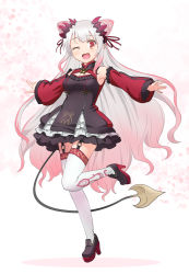 Rule 34 | 1girl, nanashi inc., bell, black skirt, blush, breasts, cleavage, cone hair bun, demon girl, demon horns, demon tail, detached sleeves, frilled skirt, frills, full body, garter straps, hair bun, haniwa (leaf garden), high heels, highres, honey strap, horns, looking at viewer, multicolored hair, one eye closed, open mouth, pink hair, pointy ears, red eyes, silver hair, skirt, smile, solo, standing, standing on one leg, streaked hair, suou patra, tail, thighhighs, thighs, virtual youtuber, white thighhighs, zettai ryouiki