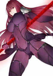 Rule 34 | &gt;:|, 1girl, :|, armor, blurry, bodysuit, breasts, closed mouth, covered erect nipples, covered navel, cowboy shot, crotch, dutch angle, fate/grand order, fate (series), female focus, from below, gae bolg (fate), gloves, hair intakes, highres, holding, holding weapon, large breasts, legs apart, long hair, looking at viewer, pauldrons, polearm, purple bodysuit, purple hair, red eyes, scathach (fate), serious, shoulder armor, showgirl skirt, simple background, solo, v-shaped eyebrows, weapon, white background, ycco (estrella)