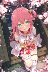 Rule 34 | 1girl, absurdres, ahoge, artist name, asami-chan, asymmetrical legwear, bell, bow, bridal garter, cherry blossoms, closed mouth, clothing cutout, falling petals, floral print, from above, green eyes, hair bell, hair ornament, highres, hololive, japanese clothes, long hair, miko, nontraditional miko, one side up, petals, rainbow, red skirt, sakura miko, shoulder cutout, single thighhigh, skirt, solo, tassel, thighhighs, virtual youtuber, white thighhighs, yellow bow